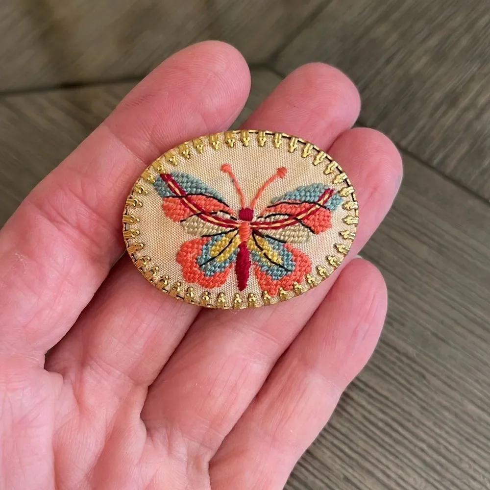 Vintage Embroidered Needlepoint Butterfly Petit Point Brooch Pin